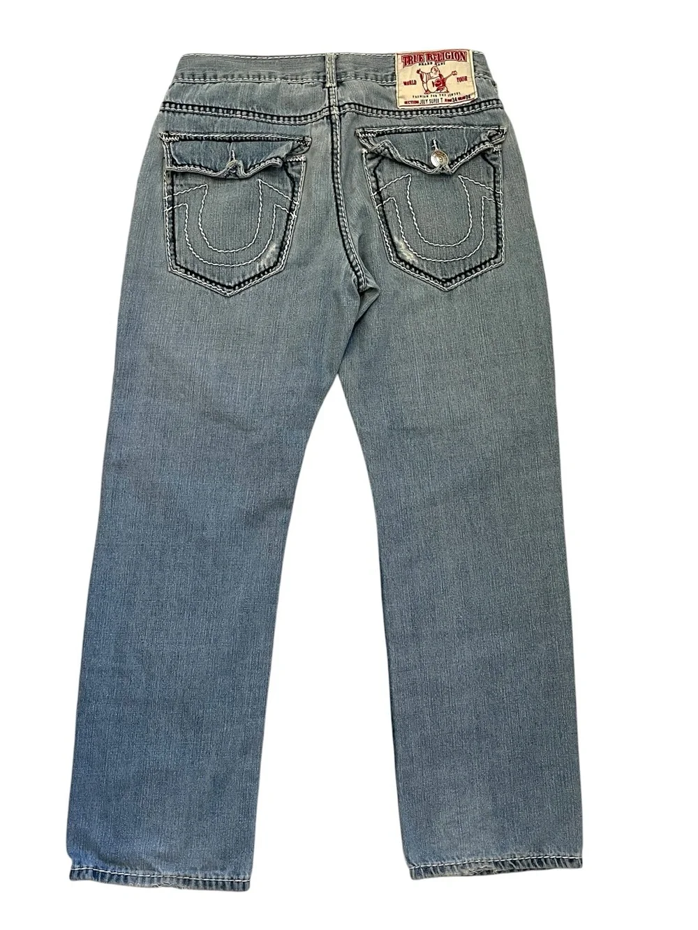 True Religion Joey Super T Jeans 34x30 Light Wash Bootcut USA Contrast Stitch